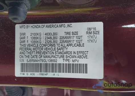 2016 Honda Cr-V Ex-L from USA, damaged, VIN 5J6RM4H79GL108592